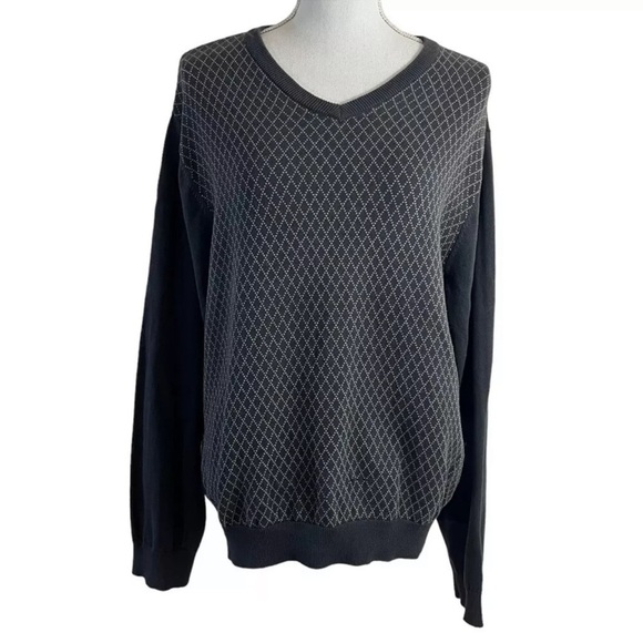 Structure Argyle Sweater Top Large 100% Cotton V Neck Golf Gray White Pullover - Picture 1 of 6